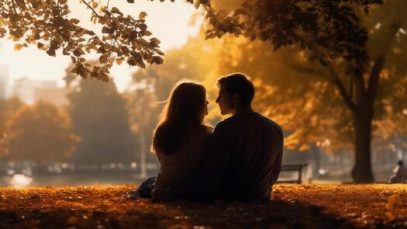 ai-generated-man-and-woman-in-love-sitting-together-on-the-grass-in-the-park-view-from-the-back-ai-generated-photo