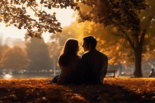 ai-generated-man-and-woman-in-love-sitting-together-on-the-grass-in-the-park-view-from-the-back-ai-generated-photo