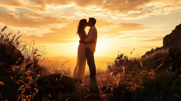 ai-generated-sunset-romance-couple-kissing-in-the-warm-glow-of-dusk-photo